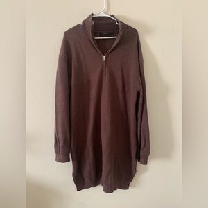 Brown Ribbed Half-Zip Sweater Dress
